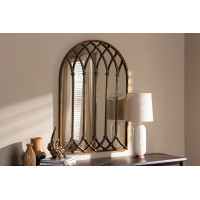 Baxton Studio RTB1323 Freja Vintage Farmhouse Antique Bronze Finished Arched Window Accent Wall Mirror